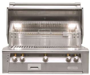 Alfresco stainless grill with the lid open.